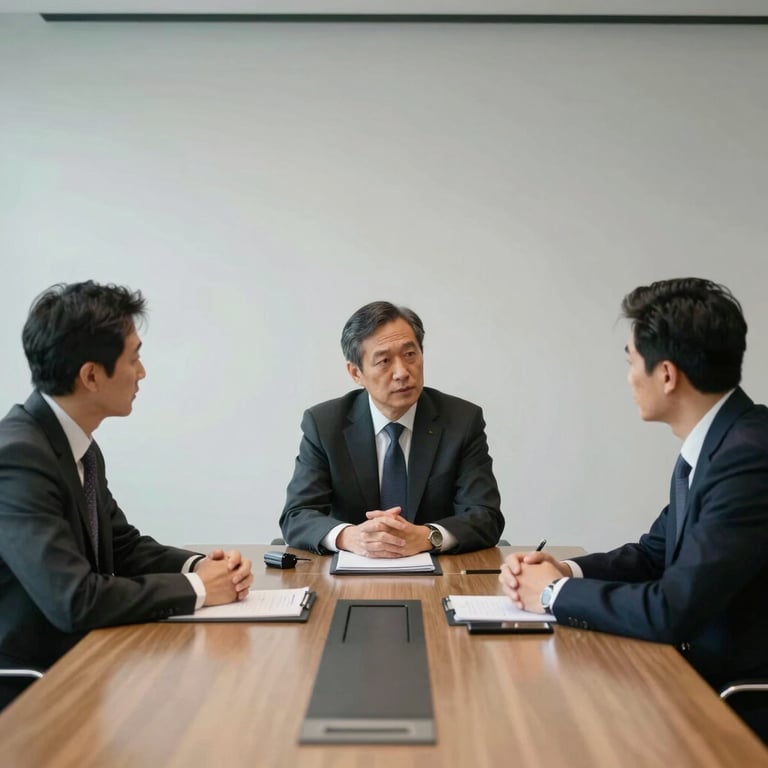 A professional meeting between three directors in a minimalist, corporate conference room.