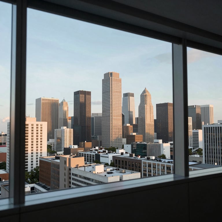 A wide-angle view of a modern city skyline from a high-rise executive office window.