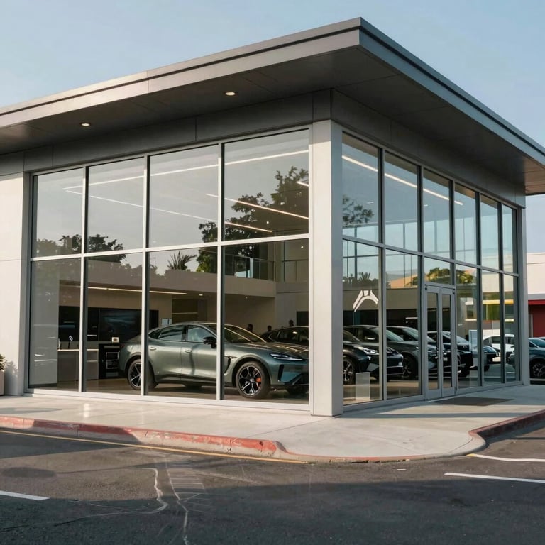 A wide shot of a sleek, glass-fronted automotive showroom in North America during a bright day.