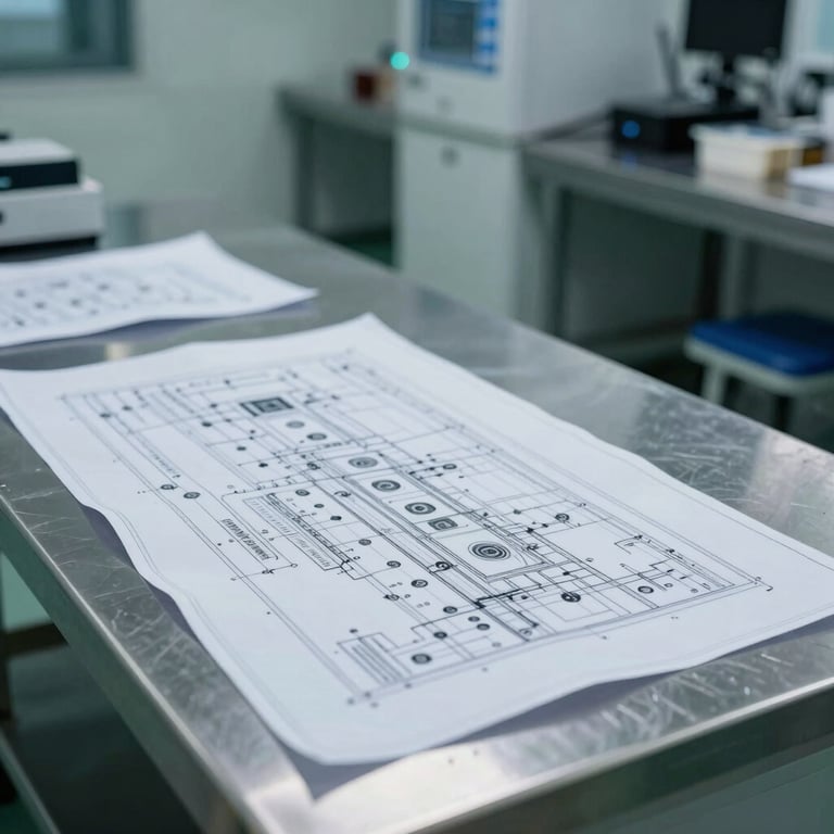 A cleanroom facility interior with technical blueprints laid out on a steel table, natural high-contrast side lighting, focused and objective.