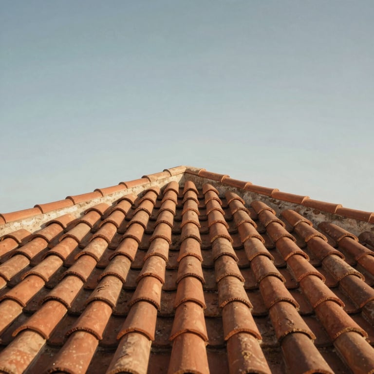 A restored historic rooftop in Castellon featuring traditional orange terracotta tiles, shot from a low angle against a clear sky.