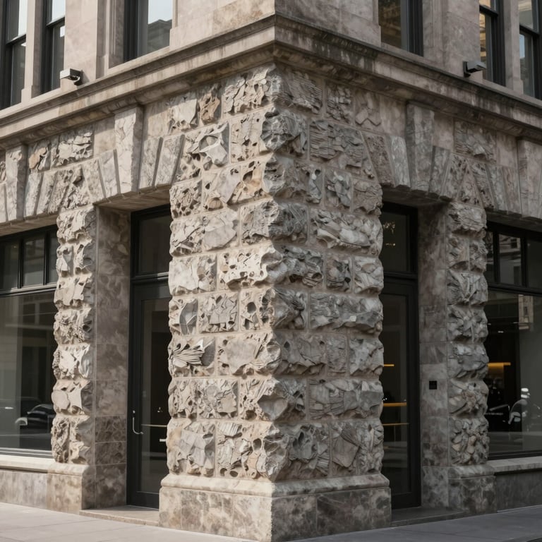 Sturdy stone facade of a commercial building, showing the expert masonry and solid construction of the structural walls.