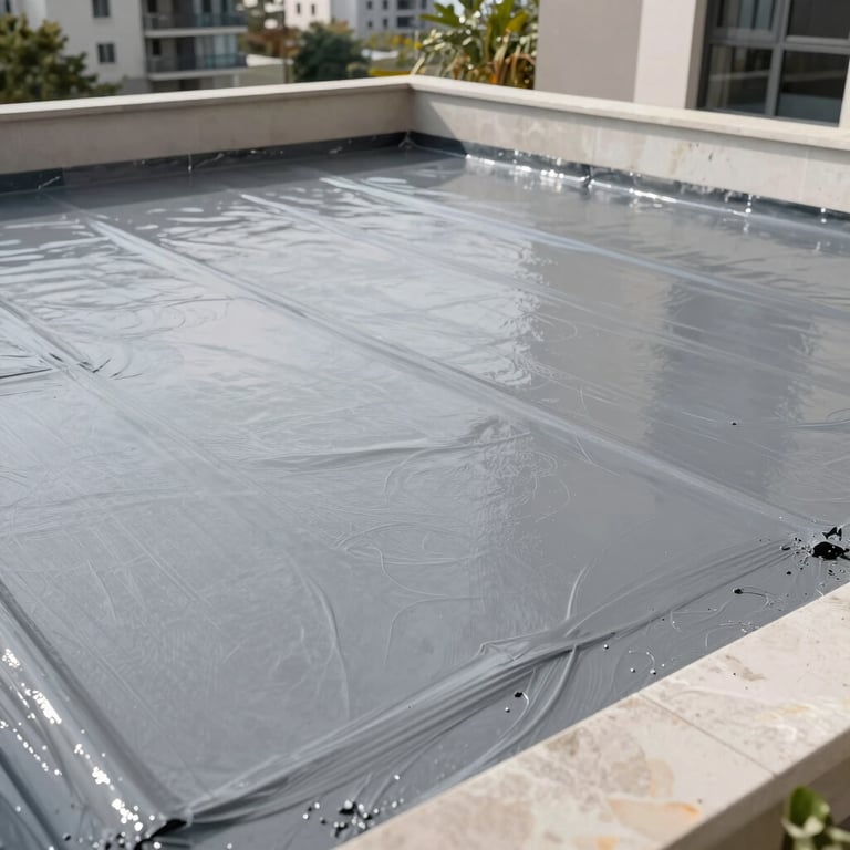 Wide shot of a large apartment terrace during a professional waterproofing process, showing clean grey membrane application.
