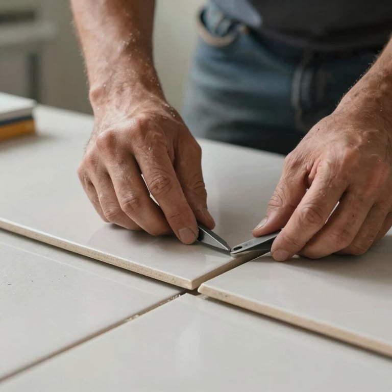 Detailed view of a professional tile installer's hands placing a ceramic tile with precision, soft natural lighting.