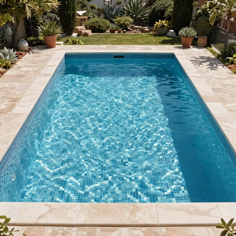 A stunning rectangular swimming pool newly built with light blue mosaic tiles, set against a Southern European garden backdrop.