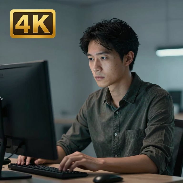 A portrait of a focused digital strategist looking at a monitor, with cool, contemporary lighting.