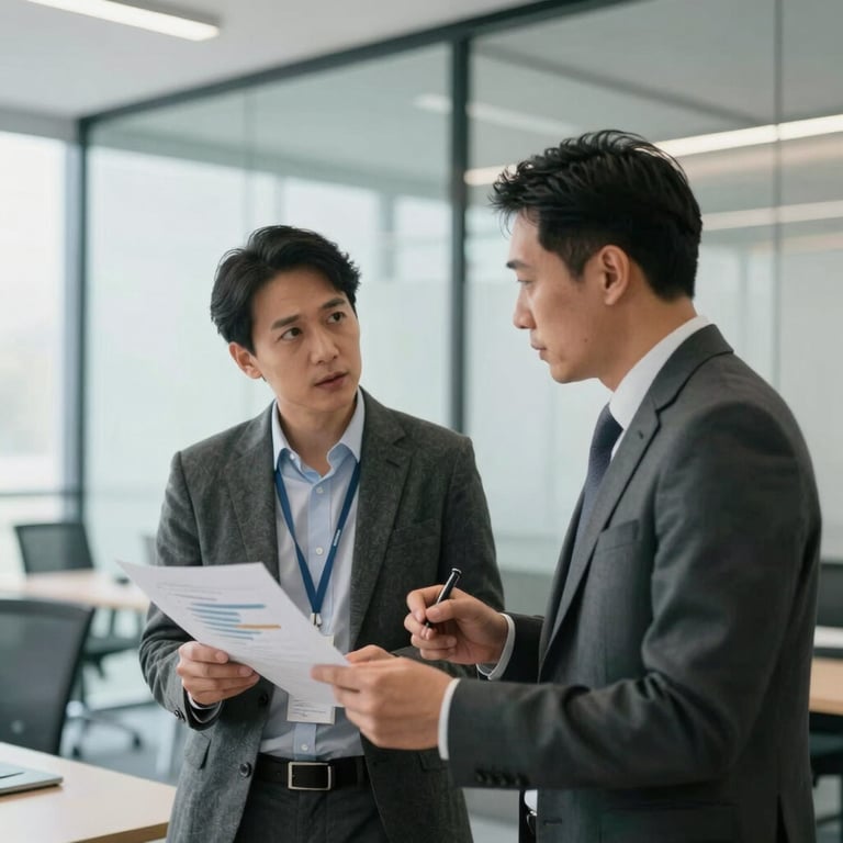 Two marketing experts in professional attire discussing analytics in a bright, modern glass-walled office.