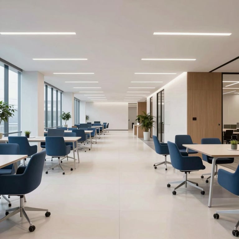 A wide shot of a contemporary office lobby with Soft Cloud White flooring and minimalist Steel Blue chairs.