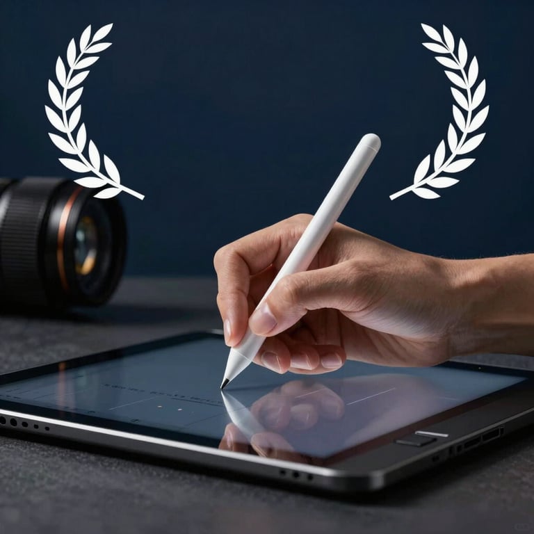 A close-up of a graphic designer using a stylus on a high-tech tablet in a room with Deep Midnight Navy walls.
