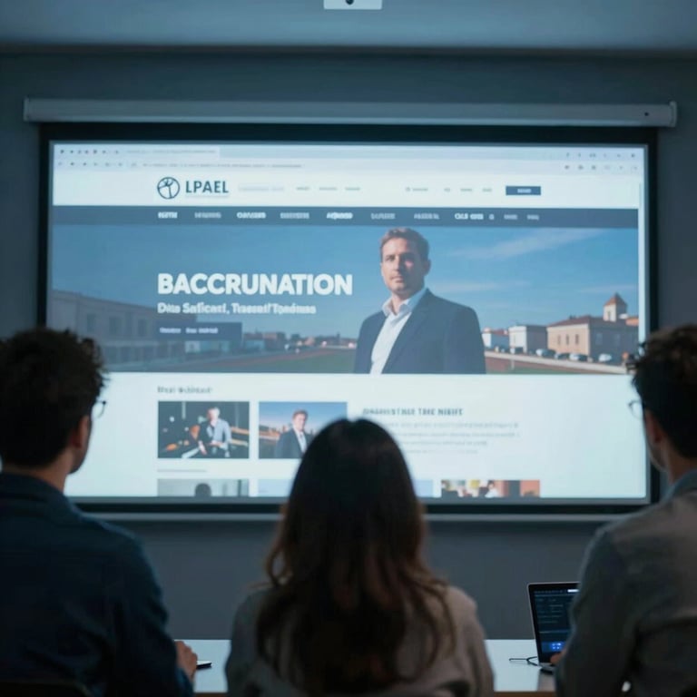 A team of three people gathered around a large screen showing website layouts in a professional Steel Blue environment.