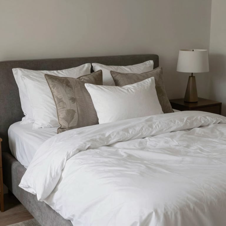 A neatly made bed with crisp white linens and decorative pillows in a minimalist North American home.
