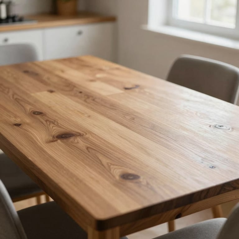 A freshly wiped wooden dining table in a bright breakfast nook with natural light.
