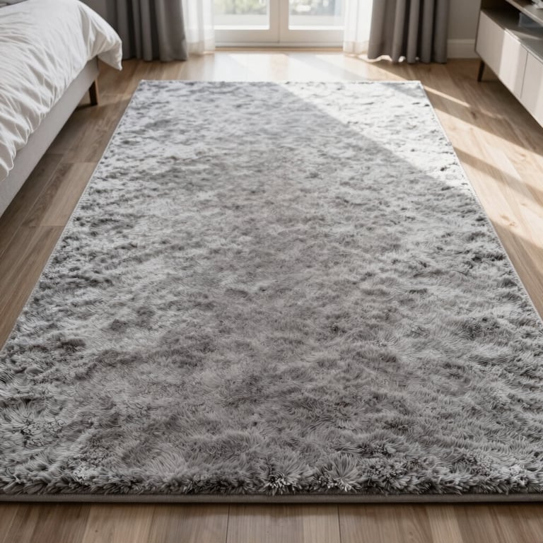 A vacuumed plush gray carpet with clean, straight lines in a sunlit North American bedroom.