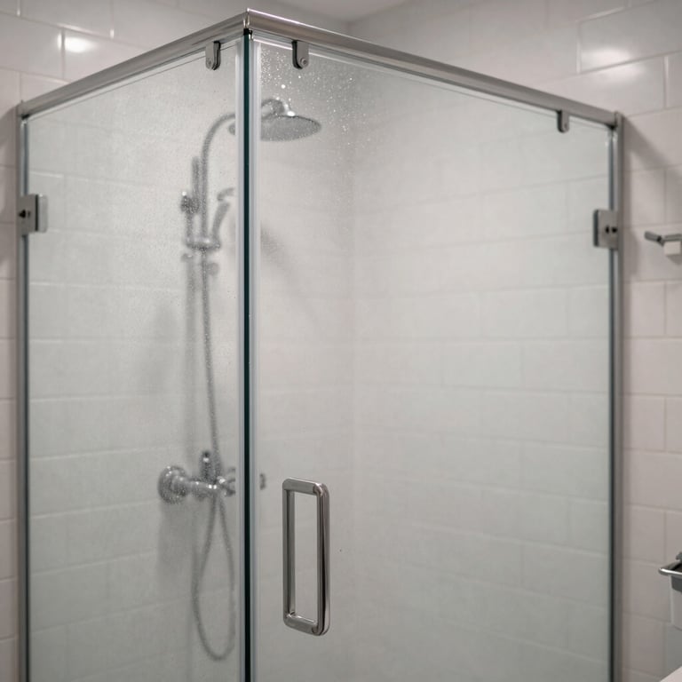 A sparkling clean glass shower door and white subway tiles in a modern bathroom.
