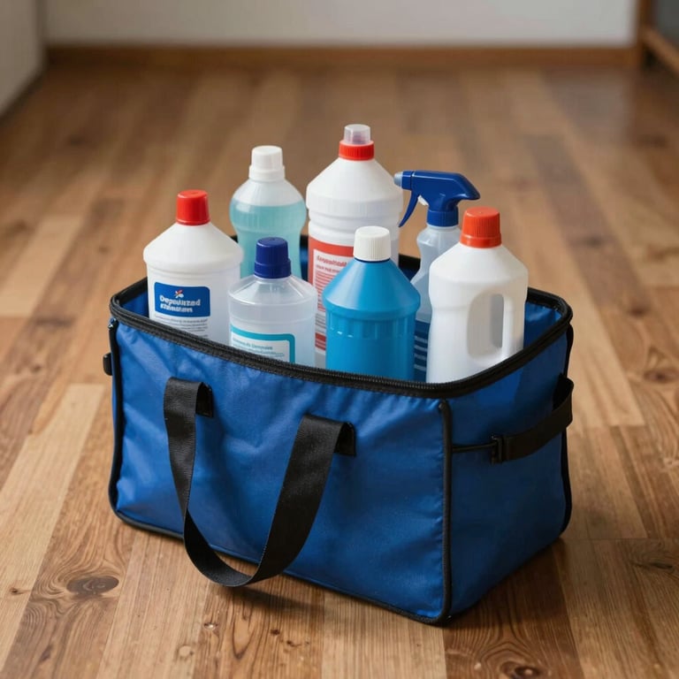 Organized professional cleaning supplies in a blue carrier sitting on a polished wooden floor.