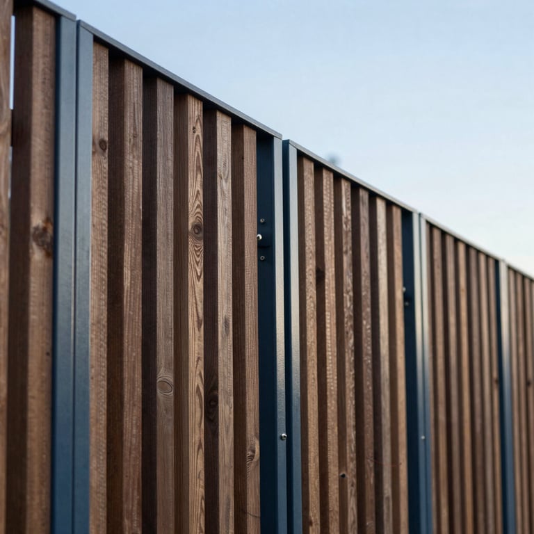 A modern vertical slat fence made of dark wood and deep slate blue metal frames, standing against a clear sky.