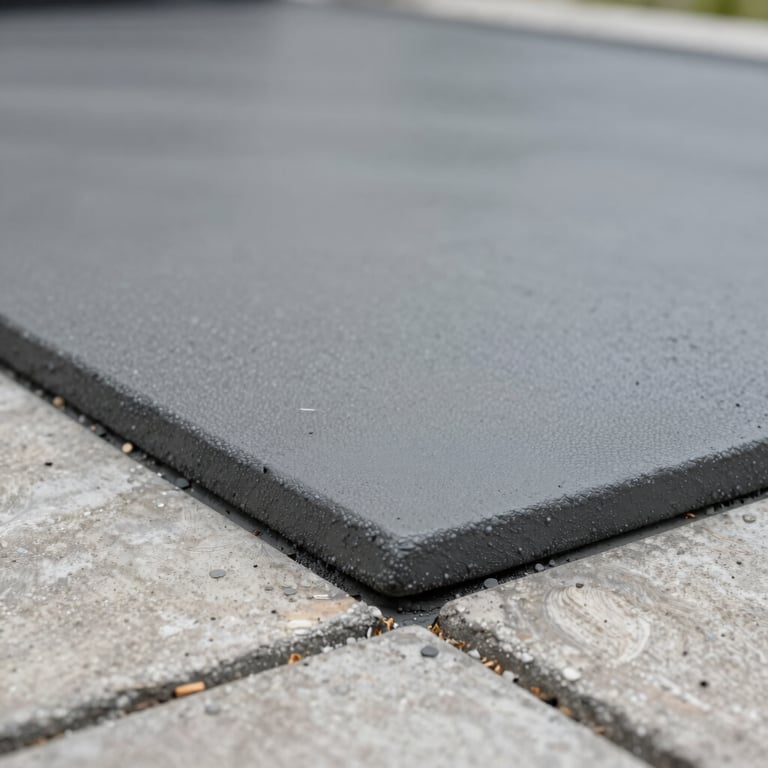 A sharp-focus photograph of a newly poured concrete driveway with a textured finish in muted steel grey, showing precise edges.
