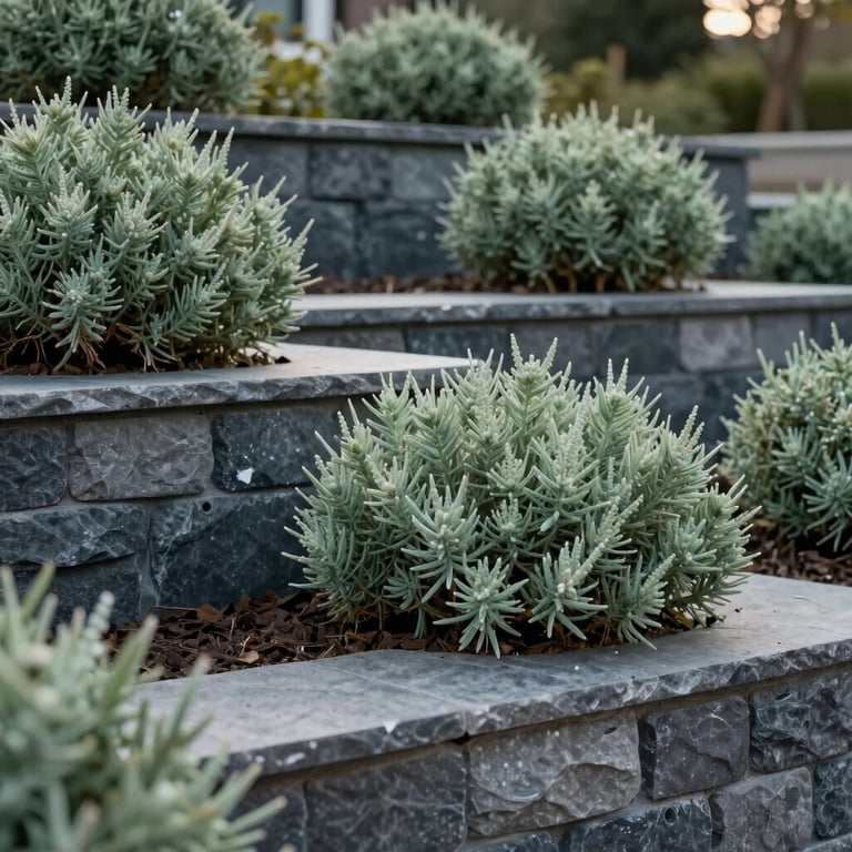 A professional landscape design featuring sage green shrubs and industrial-style stone retaining walls.