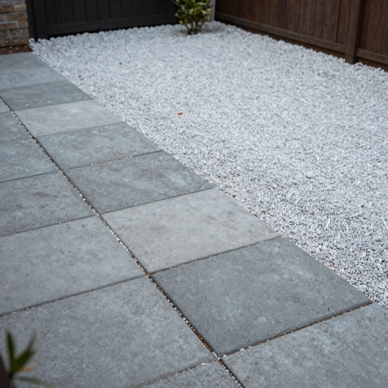 A high-angle view of a backyard renovation combining stamped concrete patio stones and soft mist white gravel paths.