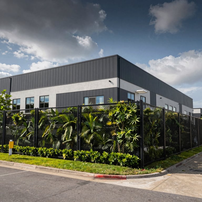 A wide landscape shot of a commercial property with heavy-duty fencing and professional greenery integration.