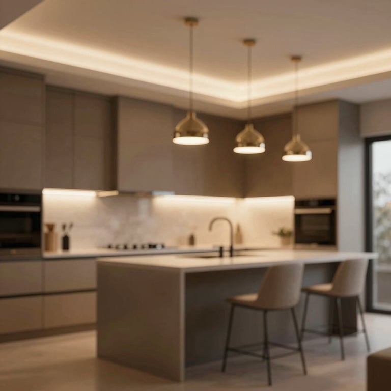 Modern luxury kitchen featuring professional under-cabinet LED strip lighting and elegant pendant lights, demonstrating high-end residential installation skill. Lighting is warm and inviting.