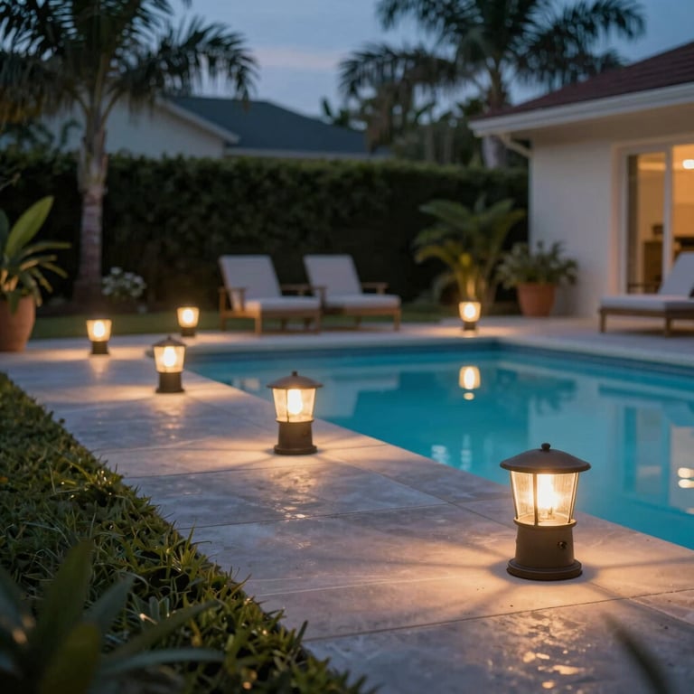 A tidy array of outdoor pool and patio lighting in a residential backyard in Sarasota, creating a safe and beautiful nighttime environment.