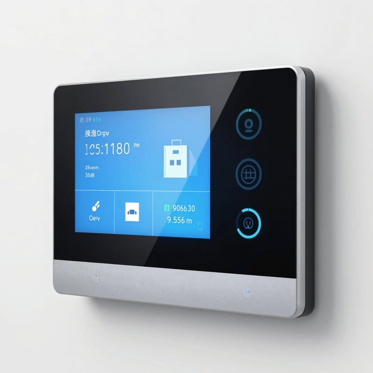Close-up of a high-tech smart home automation control panel mounted on a clean white wall, reflecting modern electrical solutions and technical sophistication.