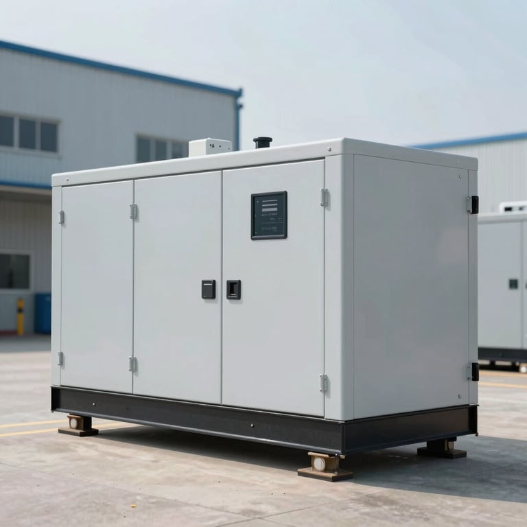An industrial-grade generator installation outside a commercial facility, showing heavy-duty wiring and professional mounting for reliable backup power.