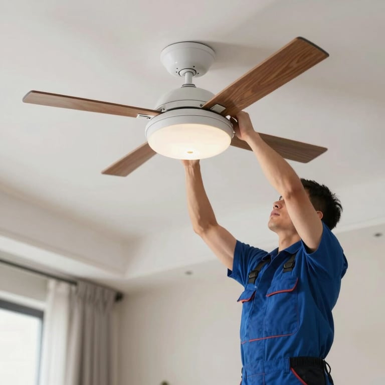 A skilled technician installing a new ceiling fan and light fixture in a modern living room, showing careful attention to detail and clean work environment.
