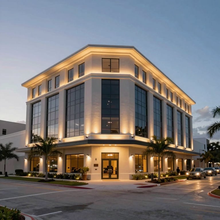 A wide shot of a newly constructed commercial building exterior in Florida at dusk, with professionally installed architectural and landscape lighting highlighting the structure.