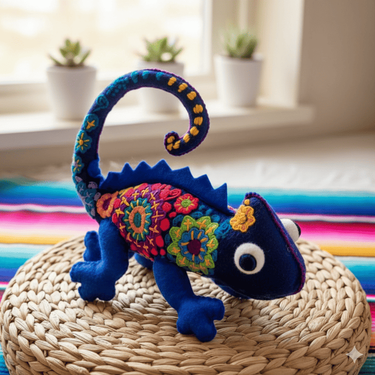 Handmade blue felt chameleon toy featuring vibrant Mexican-style floral embroidery on a woven surface.
