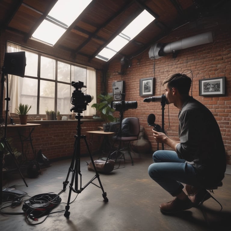 A dynamic filmmaker capturing intense cinematic moments with moody lighting and sharp contrasts.