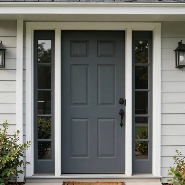 A beautifully landscaped North American / US entryway featuring a custom-painted front door in a deep charcoal finish.