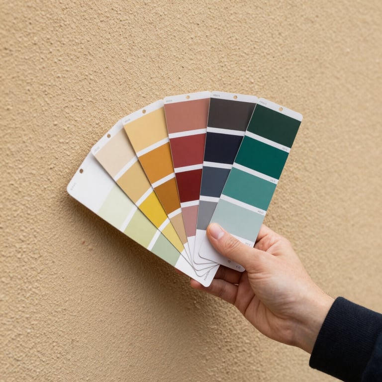 A designer's hand holding professional color swatches against a textured warm beige exterior wall.
