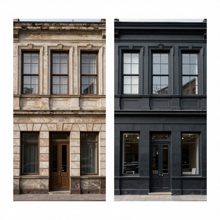 Before and after comparison showing a dated facade transformed into a clean, modern deep charcoal aesthetic.