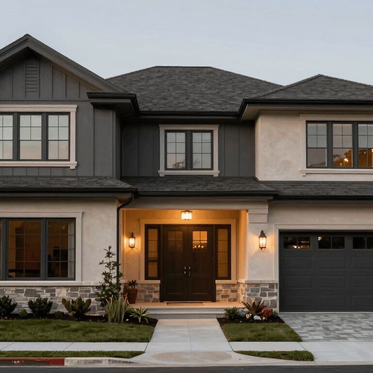 Wide shot of a modern North American / US home with a fresh earthy taupe and off-white exterior color scheme.
