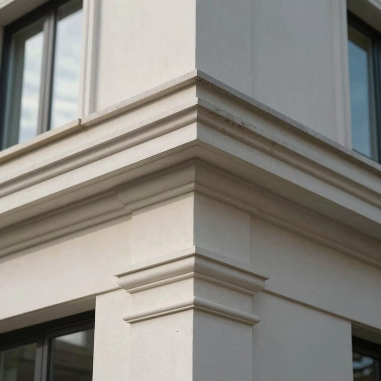 Detailed view of high-quality architectural molding on the corner of a contemporary residential property.