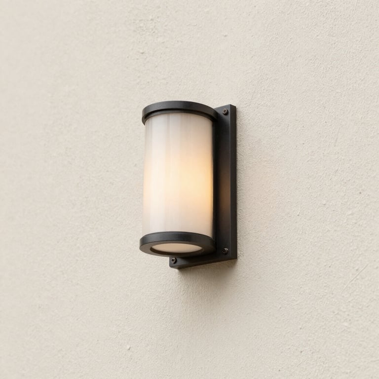 Close-up of elegant exterior lighting fixtures installed on a soft off-white stucco wall.