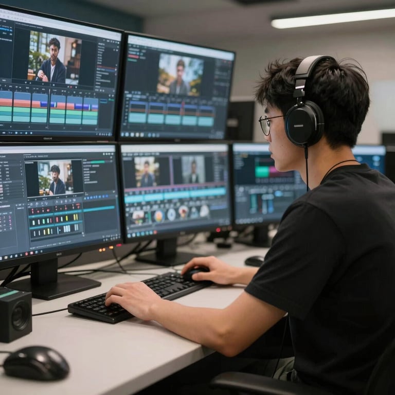 A creative media editor working in a professional video production suite with multiple screens.