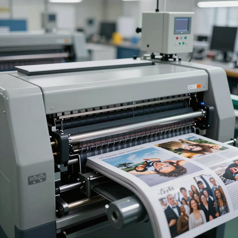 A modern printing house with high-tech equipment producing high-quality publications.