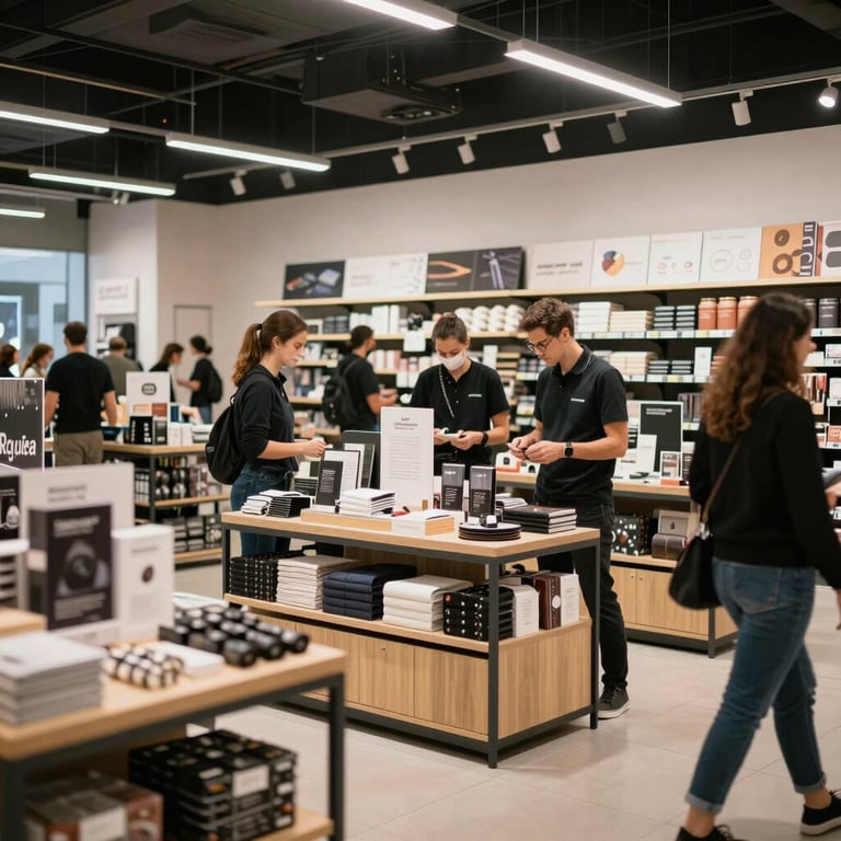 A busy retail interior showing modern product displays and professional staff in a Central European store.