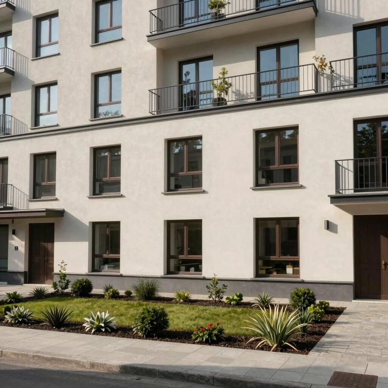 An elegant residential building exterior with modern landscaping in a Slovak urban area.