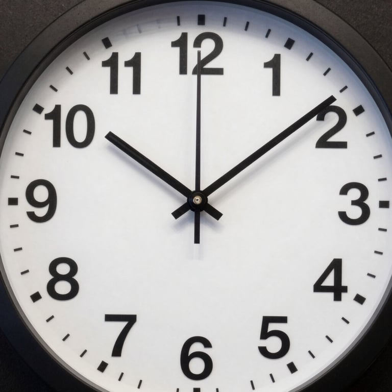 Close-up overhead shot of a large analog clock face showing precise time, high-contrast white dial on dark background, clean studio lighting, sharp numerals and hands in focus, no text or labels