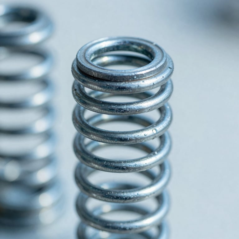 Macro close-up of a heavy-duty steel torsion spring under tension, bright natural daylight, cool blue tones