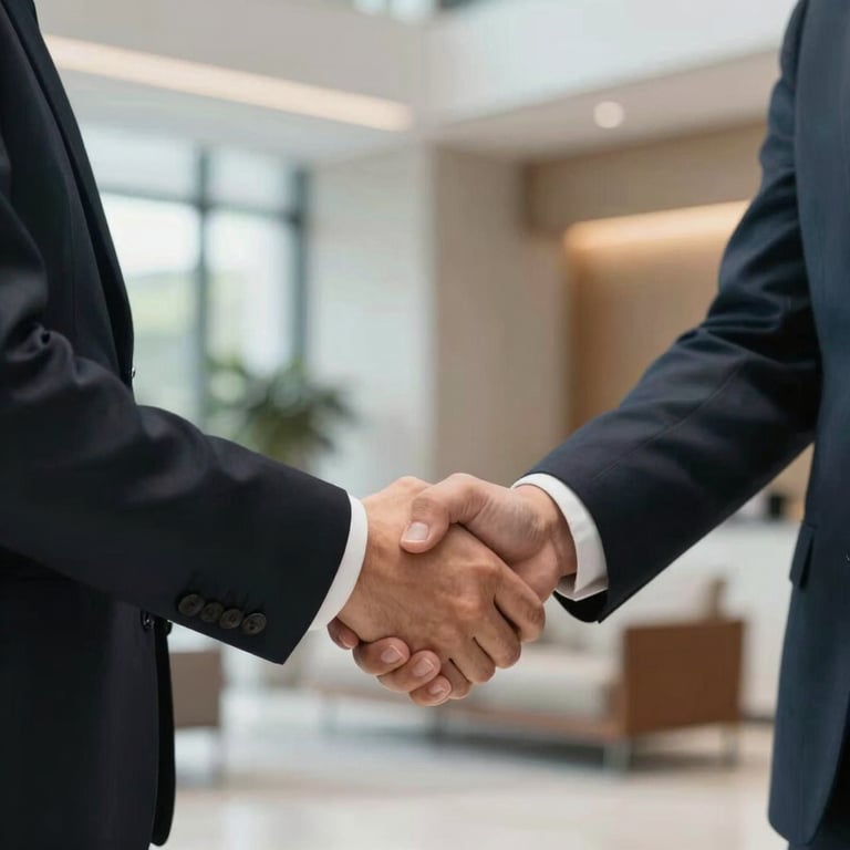 A detailed shot of a professional handshake between two business partners in a bright North American / US lobby, symbolizing trust.