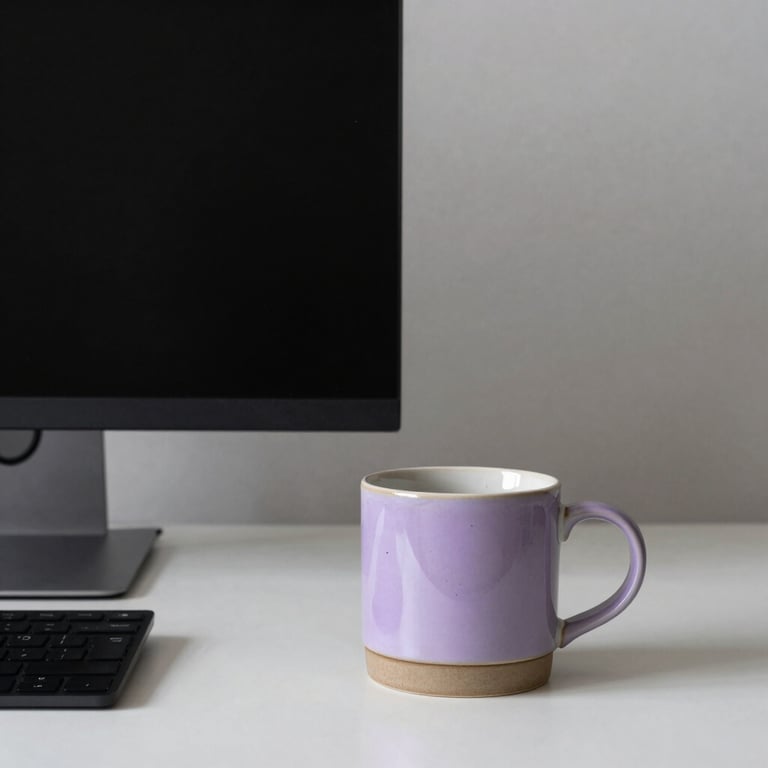 A minimalist North American / US desk setup featuring a high-resolution monitor and a ceramic mug, with dusty periwinkle accents.