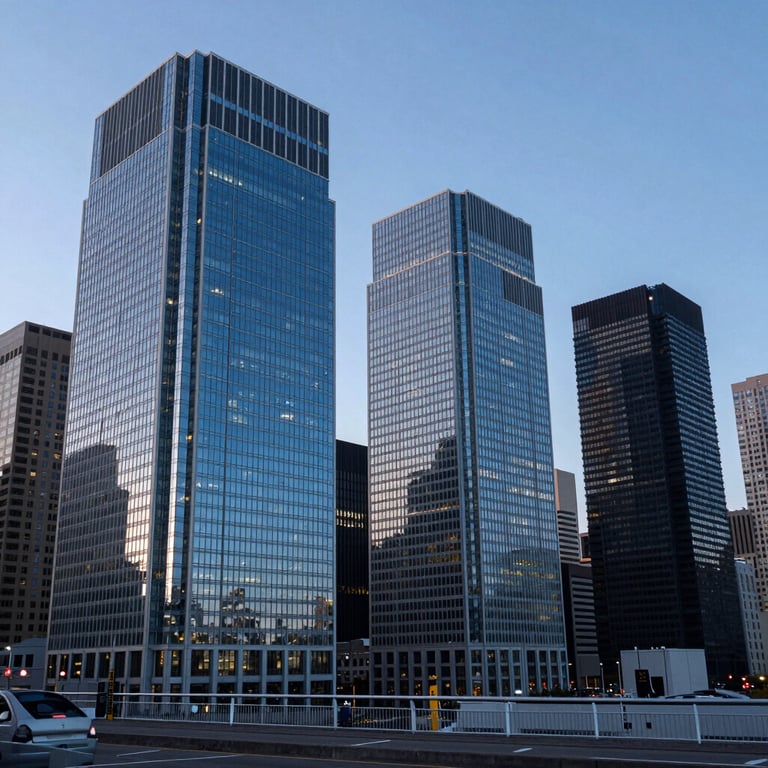 A wide shot of a futuristic North American / US city skyline with modern glass buildings reflecting deep steel blue evening light.