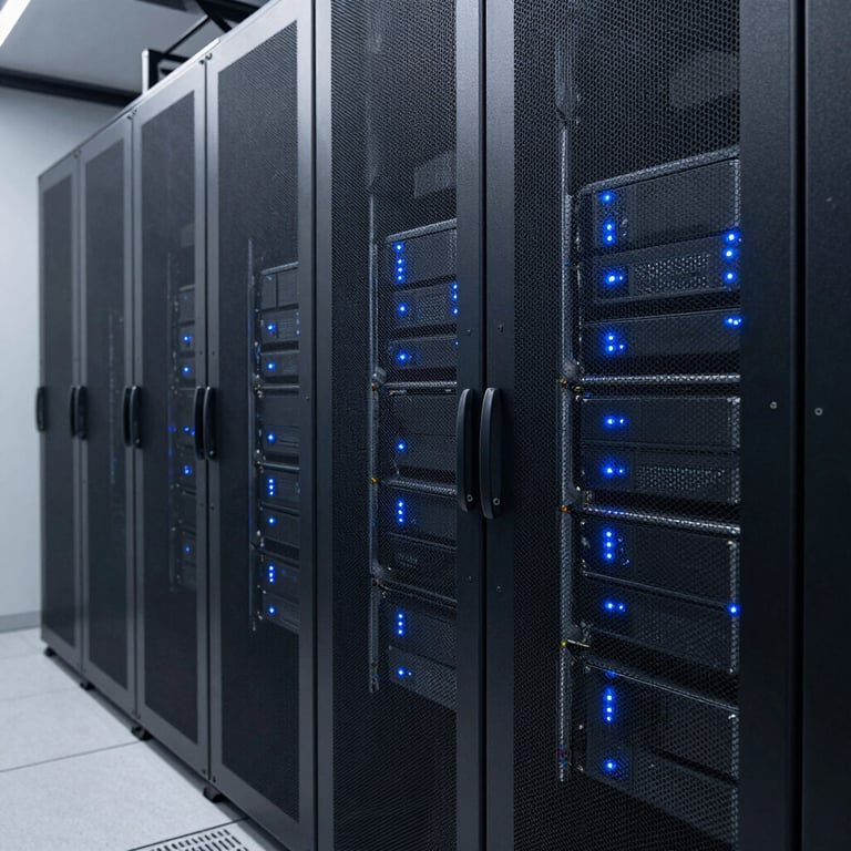 An interior shot of a clean, state-of-the-art server room with subtle blue LED indicators, representing technological infrastructure.