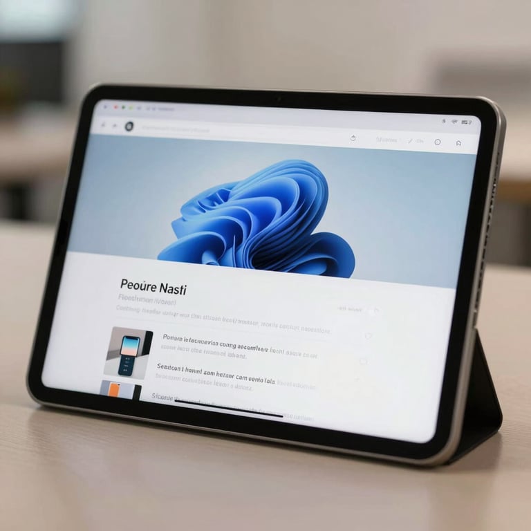 A close-up photograph of a sleek software interface displayed on a tablet in a modern North American / US corporate environment, with soft off-white lighting.