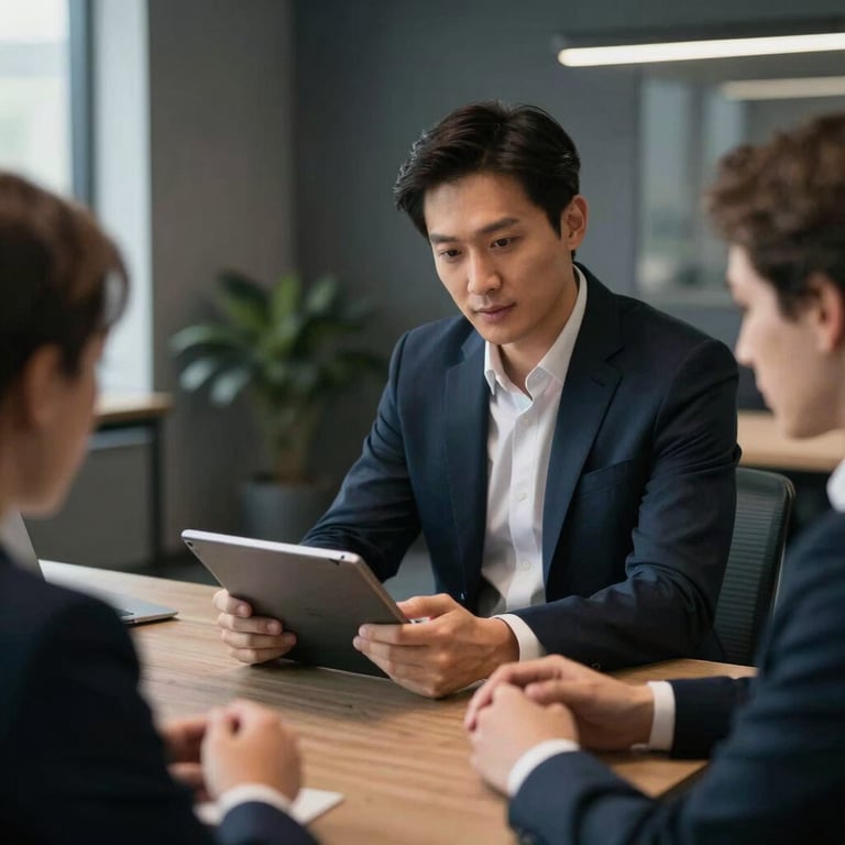A professional holding a digital tablet during a strategy session in a contemporary North American / US office with dark charcoal navy decor.